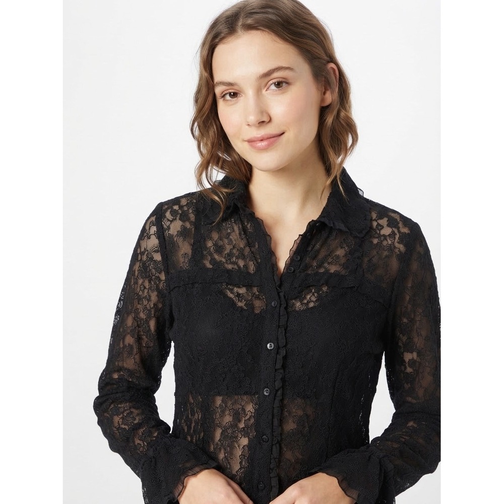 Eci New York Woman Black Lace Sheer Blouse Shirt Long Sleeve Button Down Small S